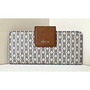 New Fossil Madison Slim Clutch Wallet Taupe / Tan Multi